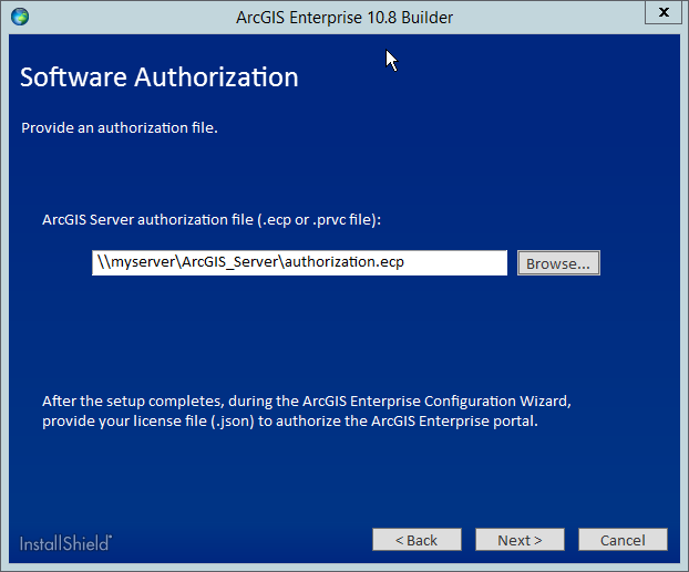 Provide the location for your ArcGIS Server authorization file.
